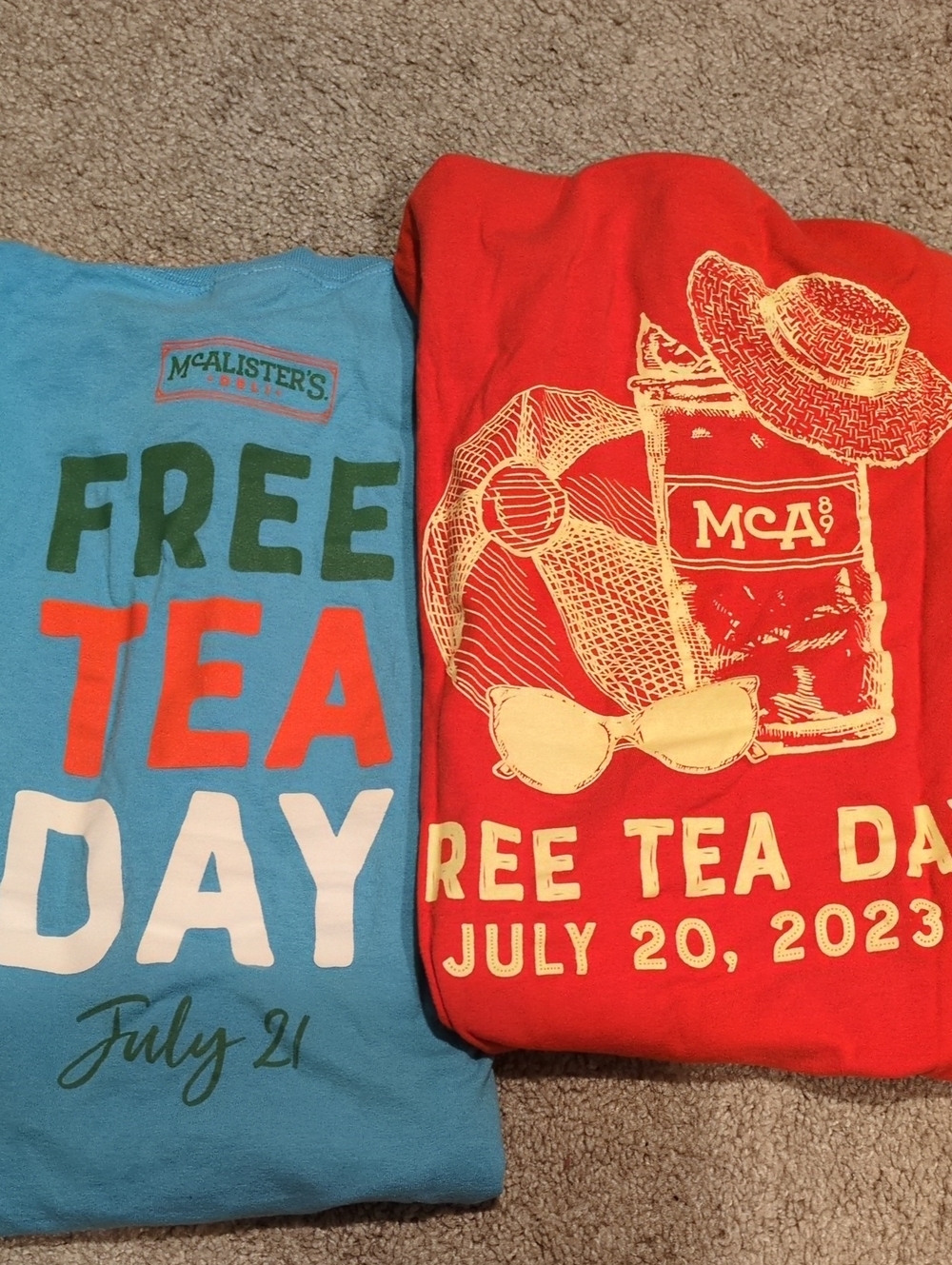 2 McAlister's 'Free Tea Day' Short Sleeve Tees - Blue & Orange